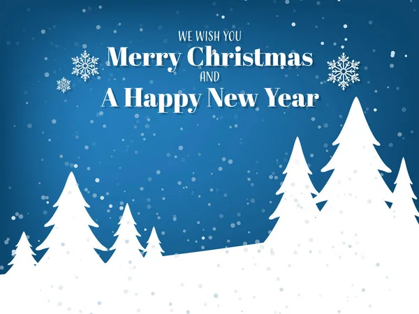 Landscape of pine trees forest on the snow hill with snowfall on blue sky with We wish you Merry Christmas and a Happy New Year text with snowflakes. Design for winter holidays season greeting card or banner. Vector illustration. — Stock Illustration Landscape Pine Trees Forest Snow Hill Snowfall Blue Sky Wish Vector Graphics