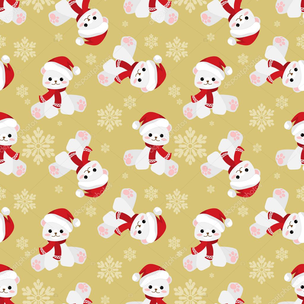 Christmas seamless pattern with Cute polar bear wear Santa hat and red scarf with snowflakes on yellow background. Christmas cartoon character for winter holidays greeting season, wrapping papers etc. Vector illustration.