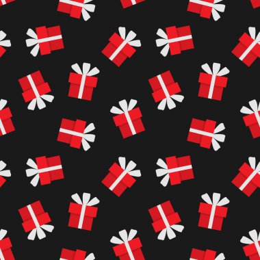 Noel elementleri, siyah arka planda beyaz kurdeleli kırmızı hediye kutusunun kusursuz deseni. Kış tatilleri için kutlama sezonu kağıtları vesaire için tasarlandı. Vektör illüstrasyonu.