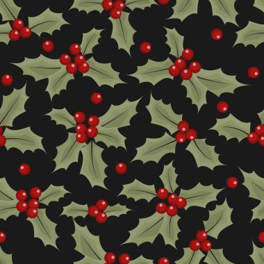 Kutsal yaprakların ve dutların Noel öğeleri siyah arka planda süslenmemiş desenler oluşturur. Kış tatilleri için kutlama sezonu, paket kağıtları vesaire için tasarlandı. Vektör illüstrasyonu.
