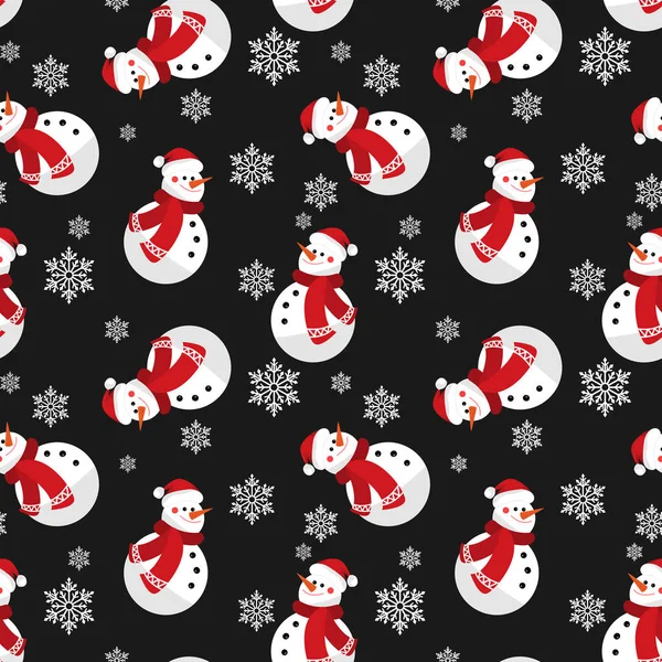 Happy Snowman Wear Santa Hat Red Scarf Snowflakes Seamless Pattern — Stock Vector