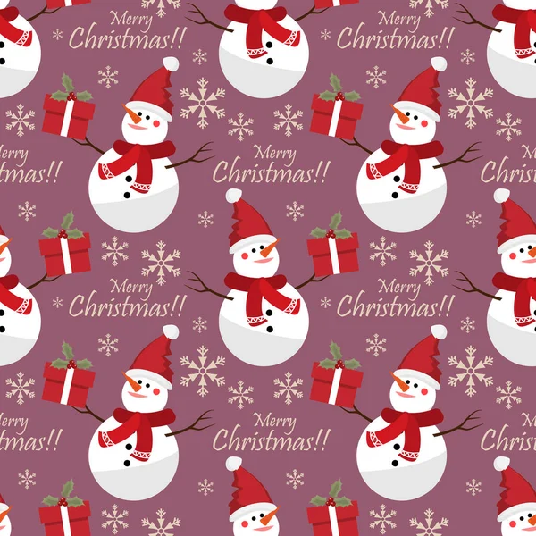 Mutlu kardan adam Noel Baba şapkası takıyor ve kırmızı eşarp kırmızı hediye paketinde kutsal böğürtlenler, kar taneleri ve mutlu noel mesajları var. Kış için Noel tatili çizgi film karakteri tasarımı. Vektör illüstrasyonu.