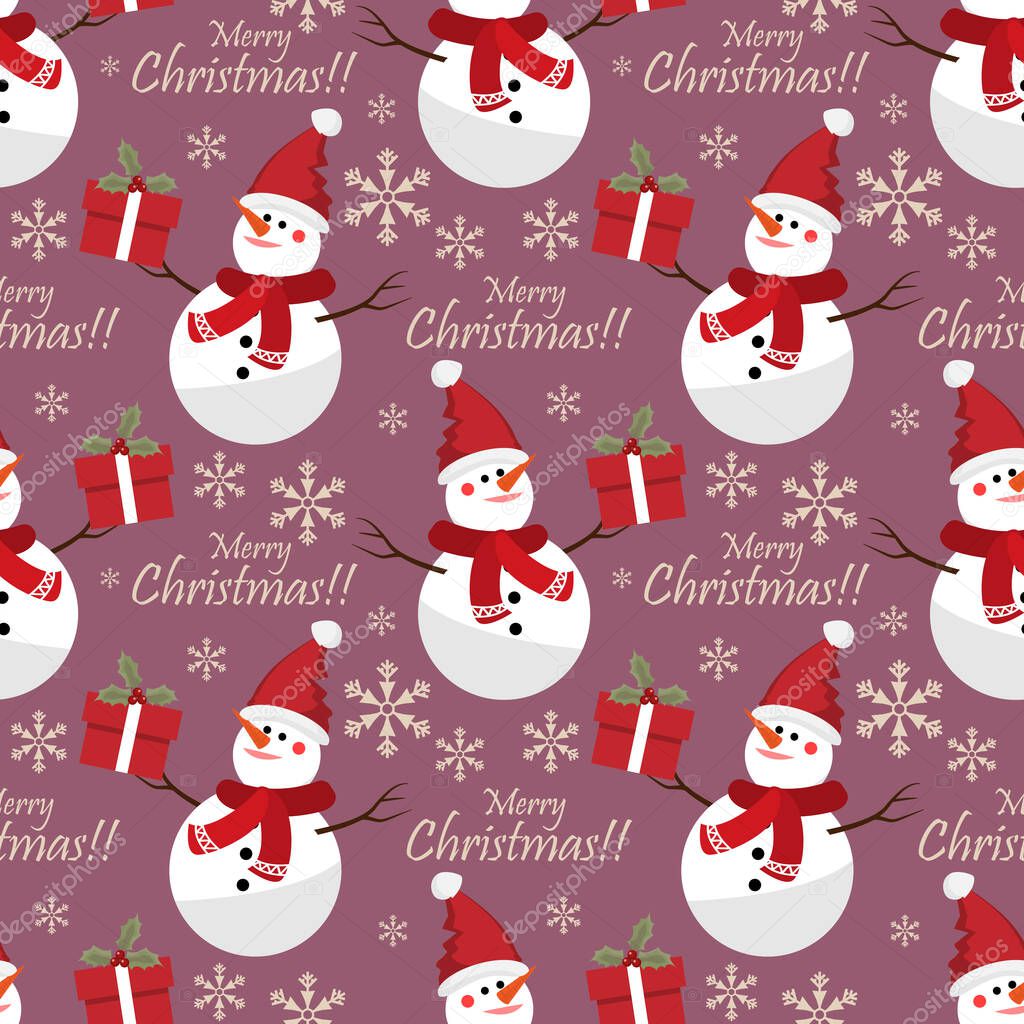 Happy snowman wear Santa hat and red scarf hold red gift box with holly berries ribbons, snowflakes and Merry Christmas text seamless pattern. Christmas holidays cartoon character design for winter. Vector illustration.