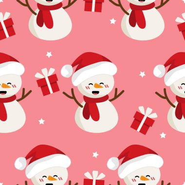Mutlu kardan adam Noel Baba şapkası ve hediye kutusuyla kırmızı eşarp giyer ve pembe arka planda küçük, pürüzsüz bir desen çizer. Kış tatilleri, kutlama sezonu kağıtları vesaire için sevimli çizgi film karakteri tasarımı. Vektör illüstrasyonu.