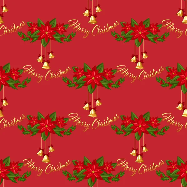 Різдвяні Прикраси Бездоганно Оздоблені Золотими Дзвонами Червоною Стрічкою Ягоди Гілками — стоковий вектор