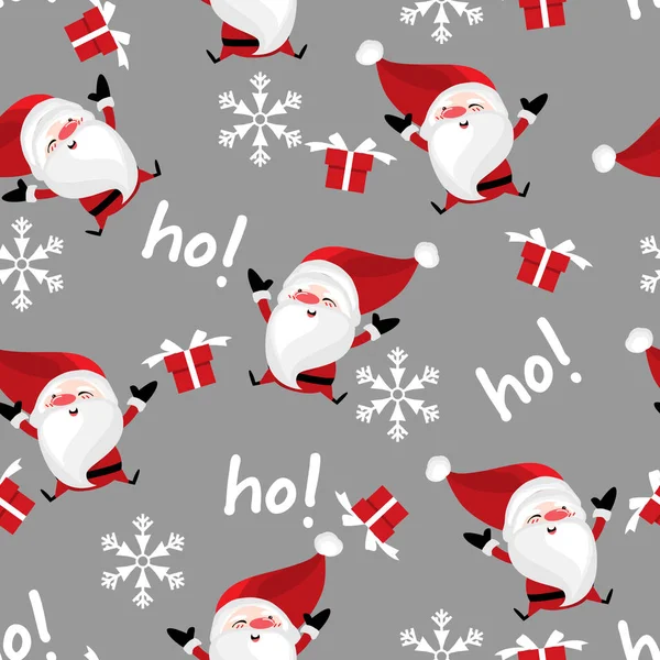 Kırmızı hediye kutusu olan Noel Baba, Ho! Metin ve kar taneleri gri arkaplanda kusursuz desen oluşturuyor. Noel tatili çizgi film karakteri tasarımı kış tatili karşılama sezonu için. Vektör illüstrasyonu.