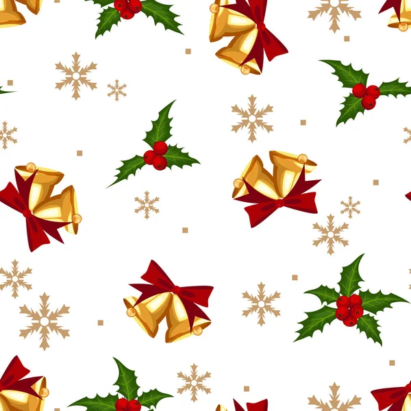 Vánoční Ozdoby Hladký Vzor Zlatých Zvonků Červenými Stuhami Cesmínovými Bobulemi — Stockový vektor