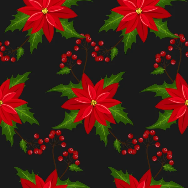 Fleurs Noël Poinsettia Rouge Avec Des Feuilles Des Branches Houx — Image vectorielle