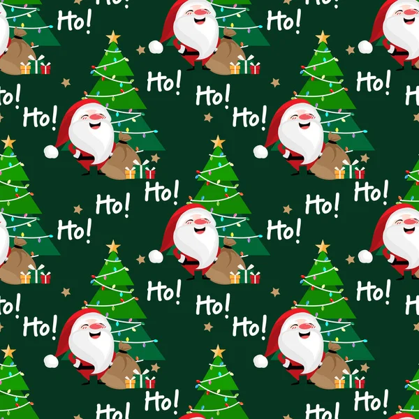 Noel ağacı olan Noel Baba, renkli hediye kutusu, yıldızlar ve Ho! Yeşil arkaplanda kusursuz metin deseni. Noel tatili çizgi film karakteri tasarımı kış tatili karşılama sezonu için. Vektör illüstrasyonu.
