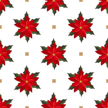 Kırmızı noktalı yıldız, Noel çiçekleri beyaz arka planda pürüzsüz bir desen oluşturur. Kış tatilleri için mükemmel bir Noel tatili tasarımı. Vektör illüstrasyonu.