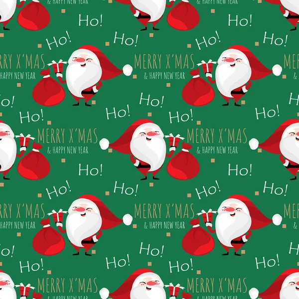 Noel Baba kırmızı çantalı hediye kutusunu tutuyor, ho! metin ve mutlu noeller ve yeşil arkaplanda pürüzsüz mesajlar. Kış tatili tebrik sezonu için şirin bir Noel çizgi film karakteri tasarımı. Vektör illüstrasyonu.