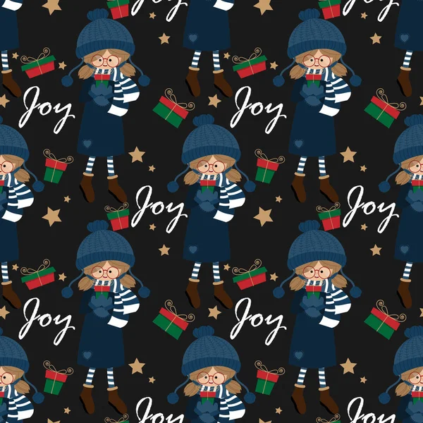Patrón Sin Costuras Navidad Niña Linda Costumbre Invierno Con Sombrero — Archivo Imágenes Vectoriales