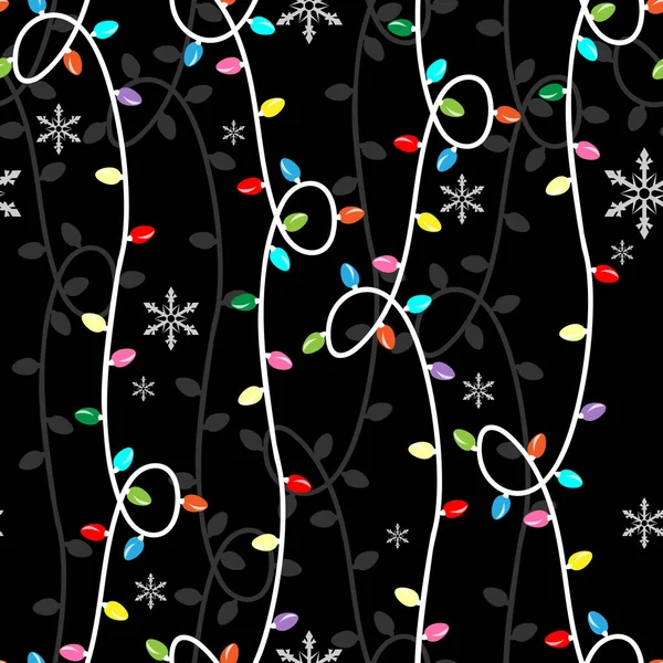 クリスマスは黒を背景にカラフルなクリスマス電球や雪の結晶のシームレスなパターンを休日 冬休みグリーティングシーズンのデザイン ベクターイラスト — ストックベクタ