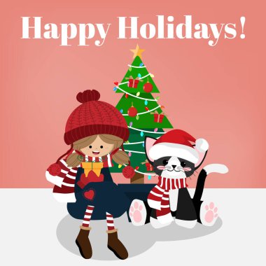 Kış kostümü giymiş güzel bir kızın Noel arkaplanda Noel ağacının yanında Noel Baba şapkası ve kırmızı eşarplı şirin bir kediyle hediye kutusu var. Mutlu Noeller! Mesaj at. Kutlama sezonu veya parti daveti için Noel çizgi film karakteri tasarımı. 
