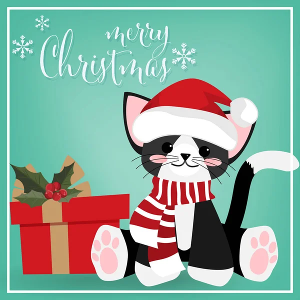 Şirin Kedinin Noel Tatili Arka Planında Noel Baba Şapkası Kırmızı — Stok Vektör