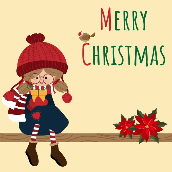 Рождественский Праздник Фоне Милой Девушки Зимнем Костюме Проведение Подарочной Коробки — стоковый вектор
