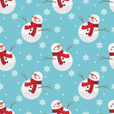 Noel tatilinde kardan adam desenli kırmızı eşarp ve mavi arka planda mutlu kar taneleri giyer. Kış tatilleri için kutlama sezonu, paket kağıtları vesaire için tasarlandı. Vektör illüstrasyonu.