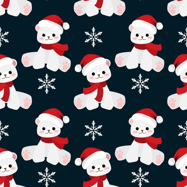 Vánoce Bezešvé Vzor Roztomilé Lední Medvěd Nosit Červenou Šálu Santa — Stockový vektor