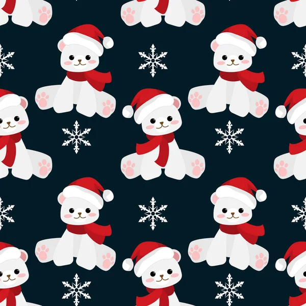 Güzel kutup ayılarının kusursuz Noel desenleri kırmızı eşarp ve koyu mavi arka planda kar taneleri olan Noel Baba şapkası giyerler. Kış tatilleri için kutlama sezonu, paket kağıtları vesaire için tasarlandı. Vektör illüstrasyonu.