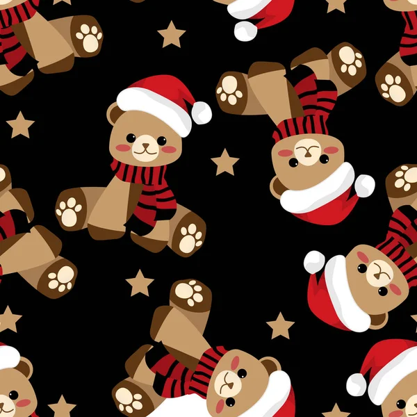 Noel aralıksız şirin ayı desenleri Noel Baba şapkası ve siyah arka planda yıldızlı kırmızı eşarp takıyor. Kış tatilleri için kutlama sezonu, paket kağıtları vesaire için tasarlandı. Vektör illüstrasyonu.