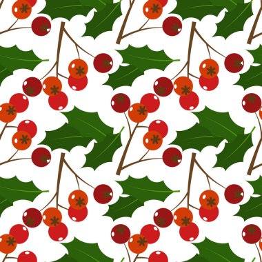 Noel elementleri, kutsal yapraklar ve dutlar beyaz arka planda süslemesiz desenler oluşturur. Kış tatilleri için kutlama sezonu kağıtları vesaire için tasarlandı. Vektör illüstrasyonu.