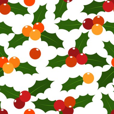 Noel elementleri, Holly yaprakları ve böğürtlenler beyaz arka planda süslenmemiş desenler oluşturuyor. Kış tatilleri için kutlama sezonu, paket kağıtları vesaire için tasarlandı. Vektör çizimi. Vektör illüstrasyonu.