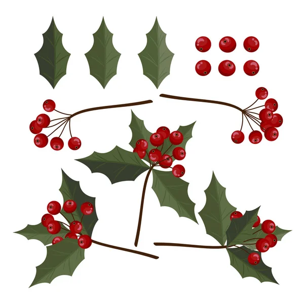 Weihnachten Elemente Mit Stechpalme Blätter Und Beeren Zweige Isoliert Auf — Stockvektor
