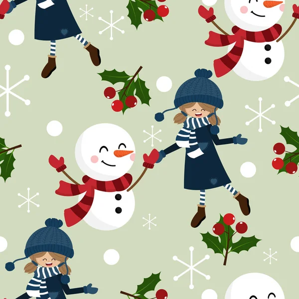雪男が赤いスカーフ ホリーベリーの枝や薄緑色の背景に雪の結晶シームレスなパターンを身に着けている冬の衣装でかわいい女の子のクリスマス休暇シームレスパターン 冬休みグリーティングシーズン包装紙等のデザイン — ストックベクタ