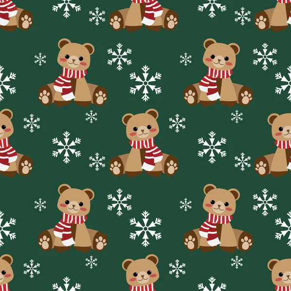 Рождественский Бесшовный Узор Милый Медведь Носить Красный Шарф Снежинками Зеленом — стоковый вектор