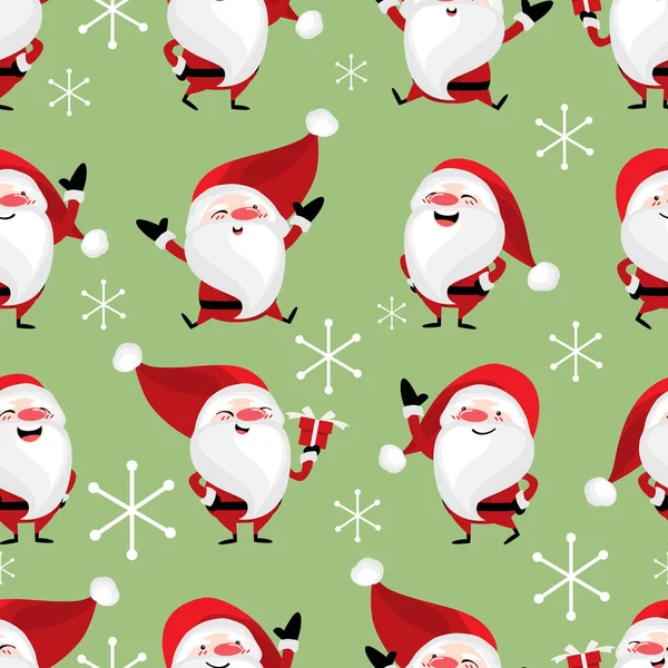 Christmas holiday seamless pattern of happy Santa Claus hold gift box on green color background with snowflakes. Design for winter holidays greeting season wrapping papers etc. Vector illustration.