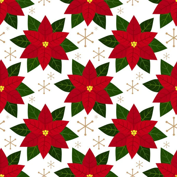 Κόκκινο Poinsettia Χριστουγεννιάτικα Λουλούδια Κλαδιά Πράσινα Φύλλα Και Νιφάδες Χιονιού — Διανυσματικό Αρχείο