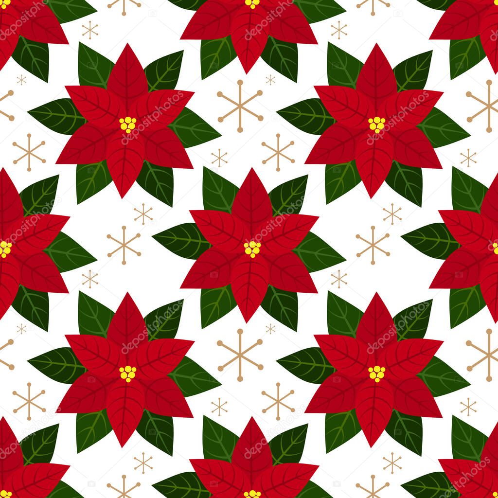 Red poinsettia, Christmas flowers branches with green leaves and snowflakes seamless pattern on white background. Design for winter holidays greeting season wrapping papers etc. Vector illustration.