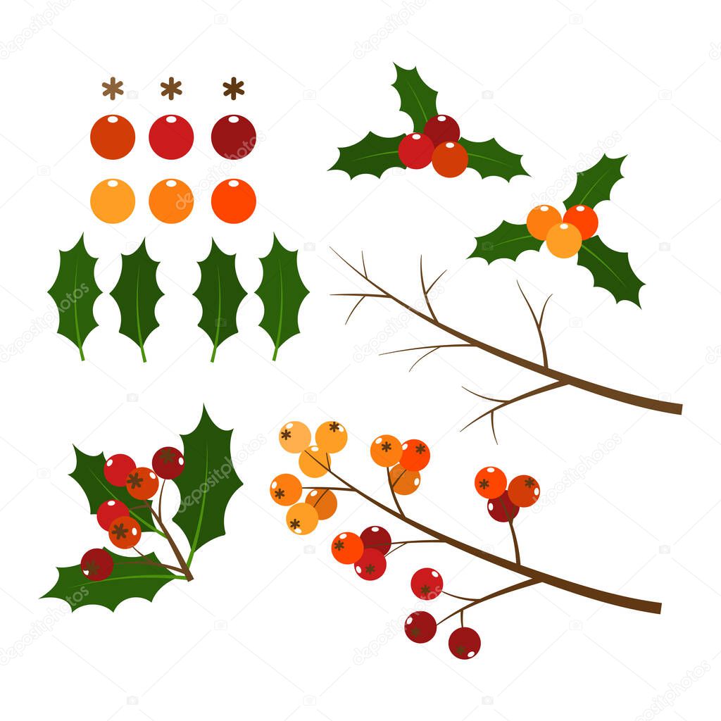 Christmas elements with set of holly leaves and berries. isolated on white background. Simple Christmas elements. Design for greeting season or party invitation, for winter holidays season. Vector illustration.