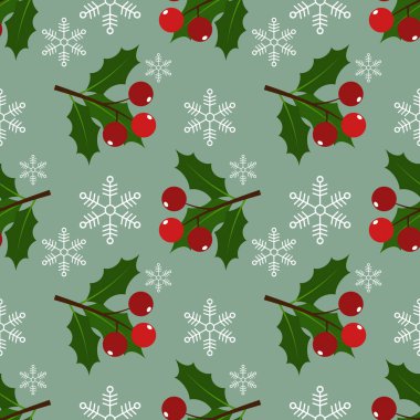 Noel elementleri olan kutsal yapraklar ve böğürtlenler kar taneleriyle süslenmiş açık yeşil arka planda kusursuz desenler. Kış tatilleri için kutlama sezonu kağıtları vesaire için tasarlandı. Vektör illüstrasyonu.