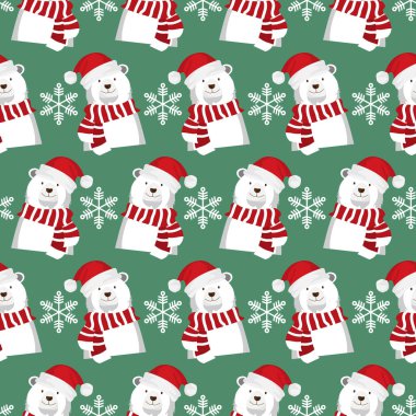 Noel tatillerinde şirin kutup ayılarının kusursuz desenleri Noel Baba şapkası ve yeşil arka planda kar taneleri olan kırmızı eşarp giyerler. Kış tatilleri için kutlama sezonu kağıtları vesaire için tasarlandı. Vektör illüstrasyonu.