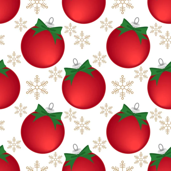 Christmas holiday season seamless pattern of red Christmas baubles ball with green ribbon and snowflakes on white background. Design for winter holidays greeting season wrapping papers etc. Vector illustration.