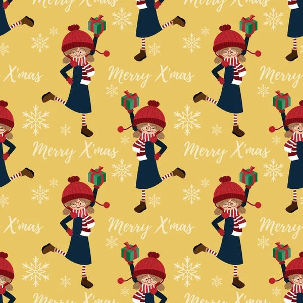 Noel tatili, kışlık kostüm kutusundaki güzel kızın kusursuz desenleri, Mutlu Noel mesajları ve sarı arka planda kar taneleri. Kış tatilleri için kutlama sezonu kağıtları vesaire için tasarlandı. Vektör illüstrasyonu.