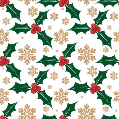 Noel elementleri, beyaz arka planda kar taneleri süslenmiş kutsal yapraklar ve böğürtlenlerin kusursuz desenleri. Kış tatilleri için kutlama sezonu kağıtları vesaire için tasarlandı. Vektör illüstrasyonu.