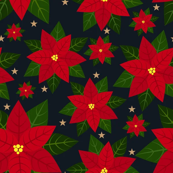 Гілки Пуансетії Червоні Різдвяні Квіти Листям Крихітними Зірками Безшовний Візерунок — стоковий вектор