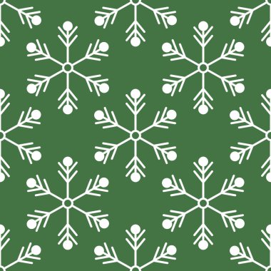 Noel elementleri, yeşil arka planda beyaz kar tanelerinin kusursuz desenleri. Kış tatili geçmişi ve ambalaj kağıtları vesaire için tasarım. Vektör illüstrasyonu.
