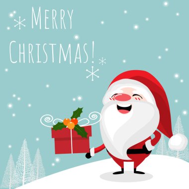 Mutlu Noel Baba 'nın Noel tatili arka planında, karlı çam ağacı ormanı ve mavi arka planda Mutlu Noeller metni olan kar tepesinde kutsal böğürtlenlerle dolu bir hediye kutusu var. Vektör illüstrasyonu.