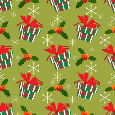 Kırmızı kurdeleli, kar taneli ve kutsal yapraklı ve yeşil arka planda süslenmiş renkli hediye kutusunun kusursuz desenleri. Kış tatili için kutlama kağıtları vesaire için tasarım. Vektör illüstrasyonu.