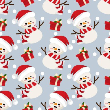 Mutlu Kardan Adam 'ın kusursuz Noel tatili şablonu Noel Baba şapkası ve hediye kutusu ve gri arka planda kar taneleri olan kırmızı eşarp giyer. Kış tatili geçmişi ve ambalaj kağıtları vesaire için tasarım. Vektör illüstrasyonu.