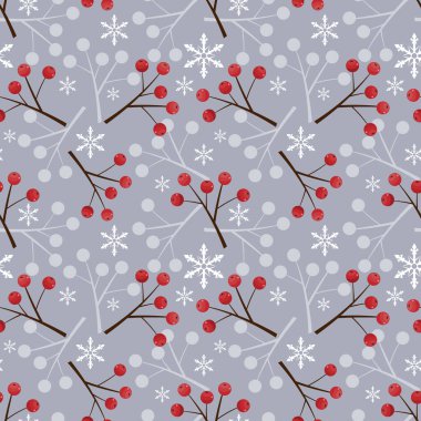 Noel elementleri, kar taneleri ve gri arka planda desensiz Noel meyveleri dalları. Kış tatili için kutlama kağıtları vesaire için tasarım. Vektör illüstrasyonu.