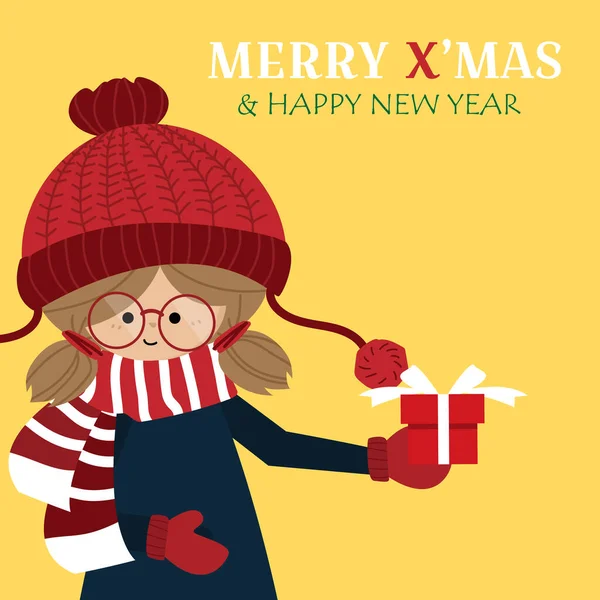 Christmas holiday season background of cute girl wear yarn hat and scarf hold a gift box on yellow background with MERRY X'MAS & HAPPY NEW YEAR text. Design for winter holidays greeting card or party invitation. Vector illustration.