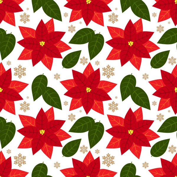 Christmas Elements Seamless Pattern Red Poinsettia Christmas Flowers Leaves Snowflakes — Stock Vector
