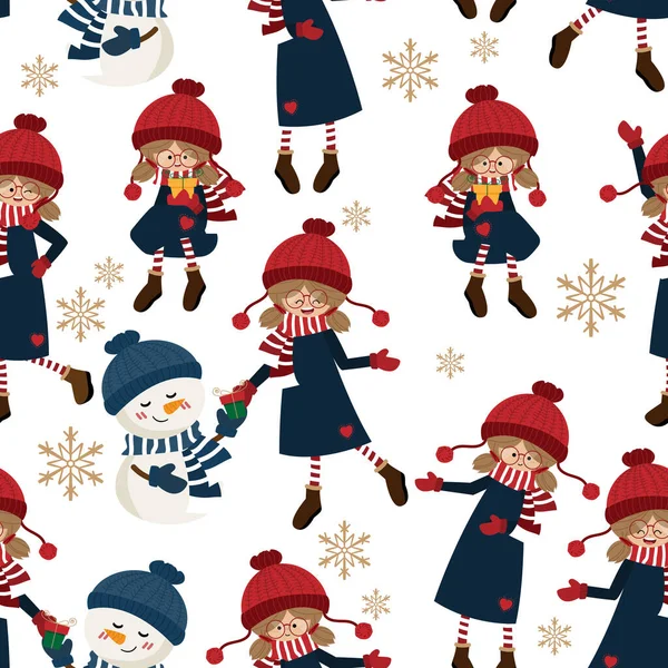 Christmas holiday season seamless pattern of cute girl in winter costume hold gift box with snowman wear scarf and yarn hat on white background with gold snowflakes. Design for winter holiday greeting season wrapping papers etc. Vector illustration.
