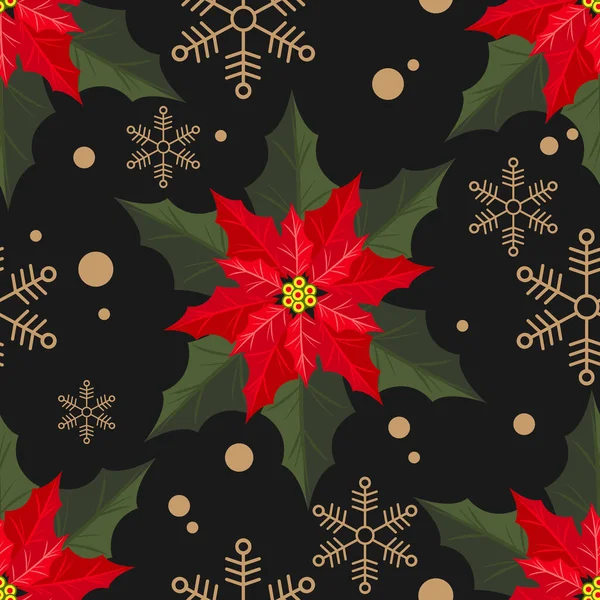 Red Poinsettia Vánoční Květiny Větve Zlaté Sněhové Vločky Bezešvé Vzor — Stockový vektor