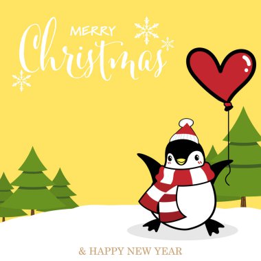 Noel tatili arka planında Noel Baba şapkası takan sevimli penguenler ve kırmızı eşarp, kar üzerinde çam ağaçları ormanı ve sarı arka planda Mutlu Noeller metni bulunan kalp şeklinde bir balon tutuyor. Vektör illüstrasyonu.