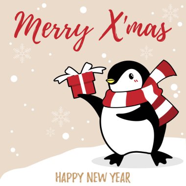 Kırmızı eşarp takan sevimli penguenlerin Noel tatili arka planında kar yağışı ve açık renk arkaplanlı Mutlu Noeller mesajı var. Vektör illüstrasyonu.